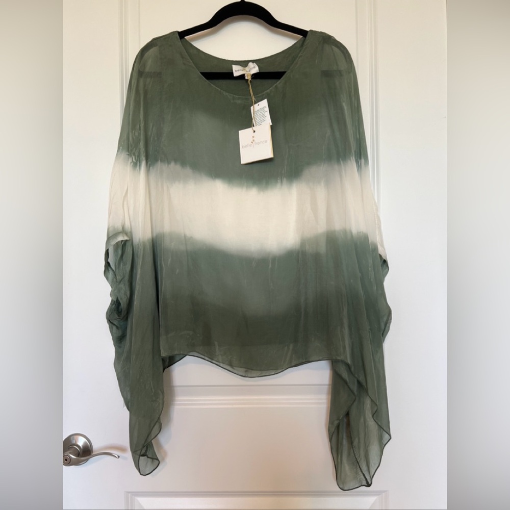 Belle France silk Olive & White Tie-Dye Draped Blouse M NWT